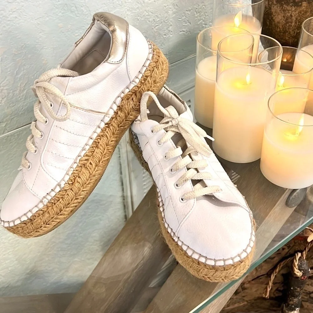 Steve Madden, PACE sneaker w/ espadrille platform, White leather w/Rose Gold
